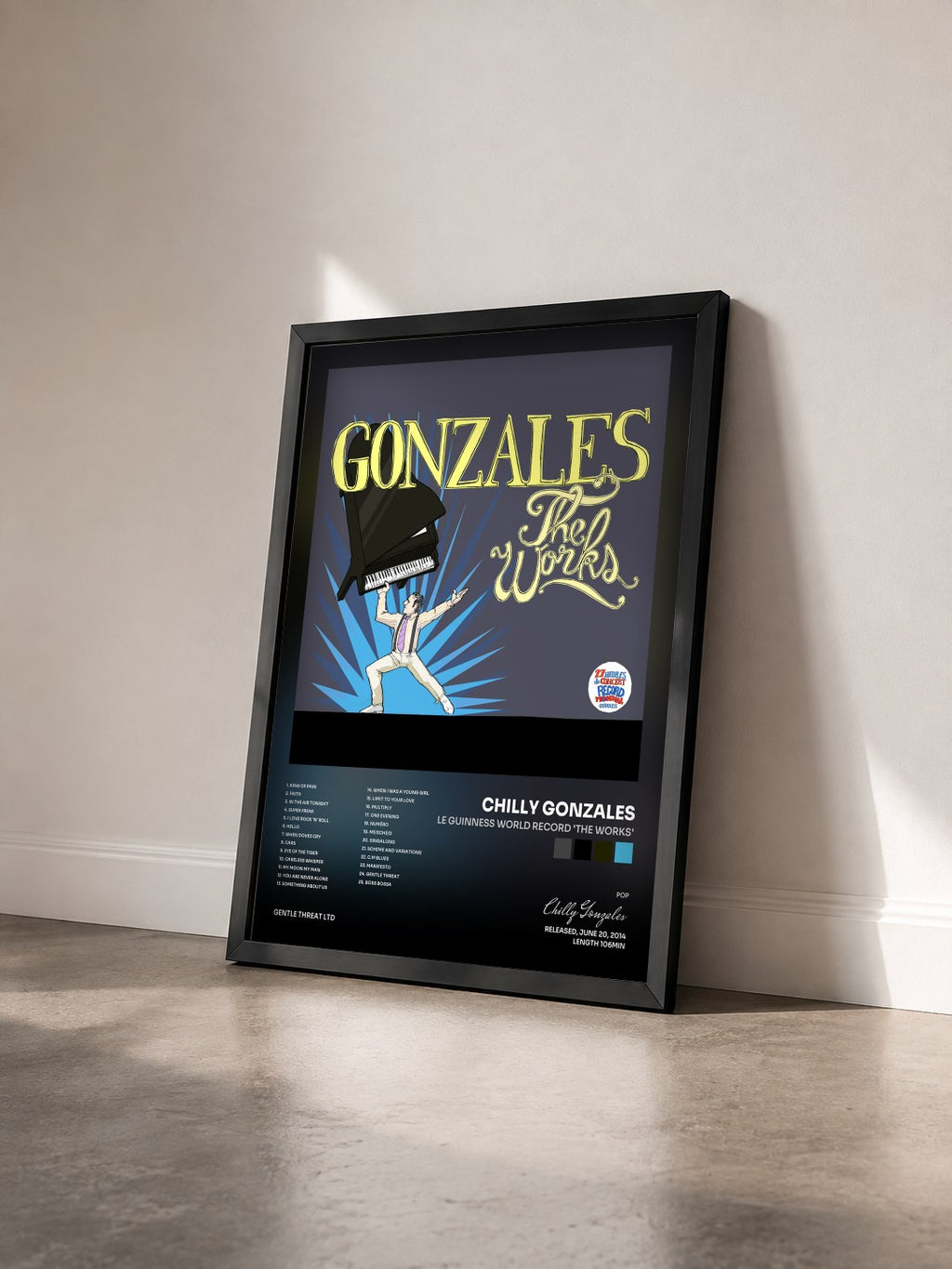 #noir Tableau de l'album Le Guinness World Record 'the Works' de Chilly Gonzales vu de trois quarts, cadre noir
