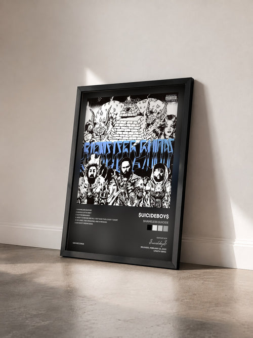 #noir SHAMELESS $UICIDE di $uicideboy$ in stampa incorniciata vista di tre quarti, cornice nera