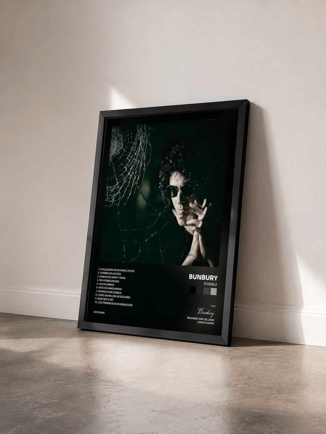 #noir Tableau de l'album Posible de Bunbury vu de trois quarts, cadre noir