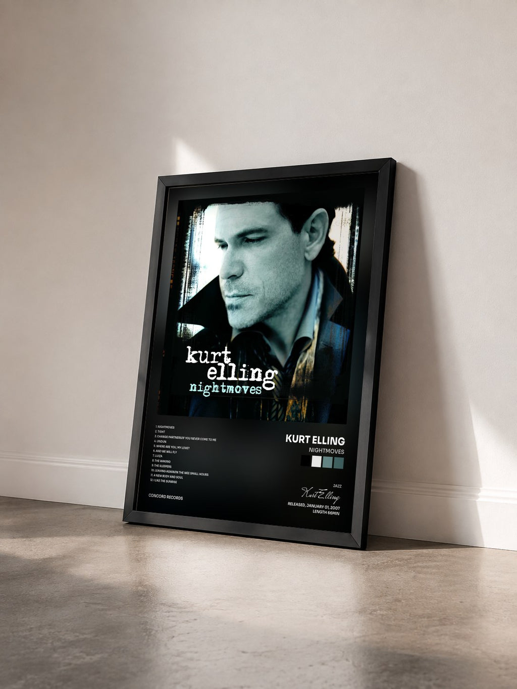 #noir Tableau de l'album Nightmoves de Kurt Elling vu de trois quarts, cadre noir