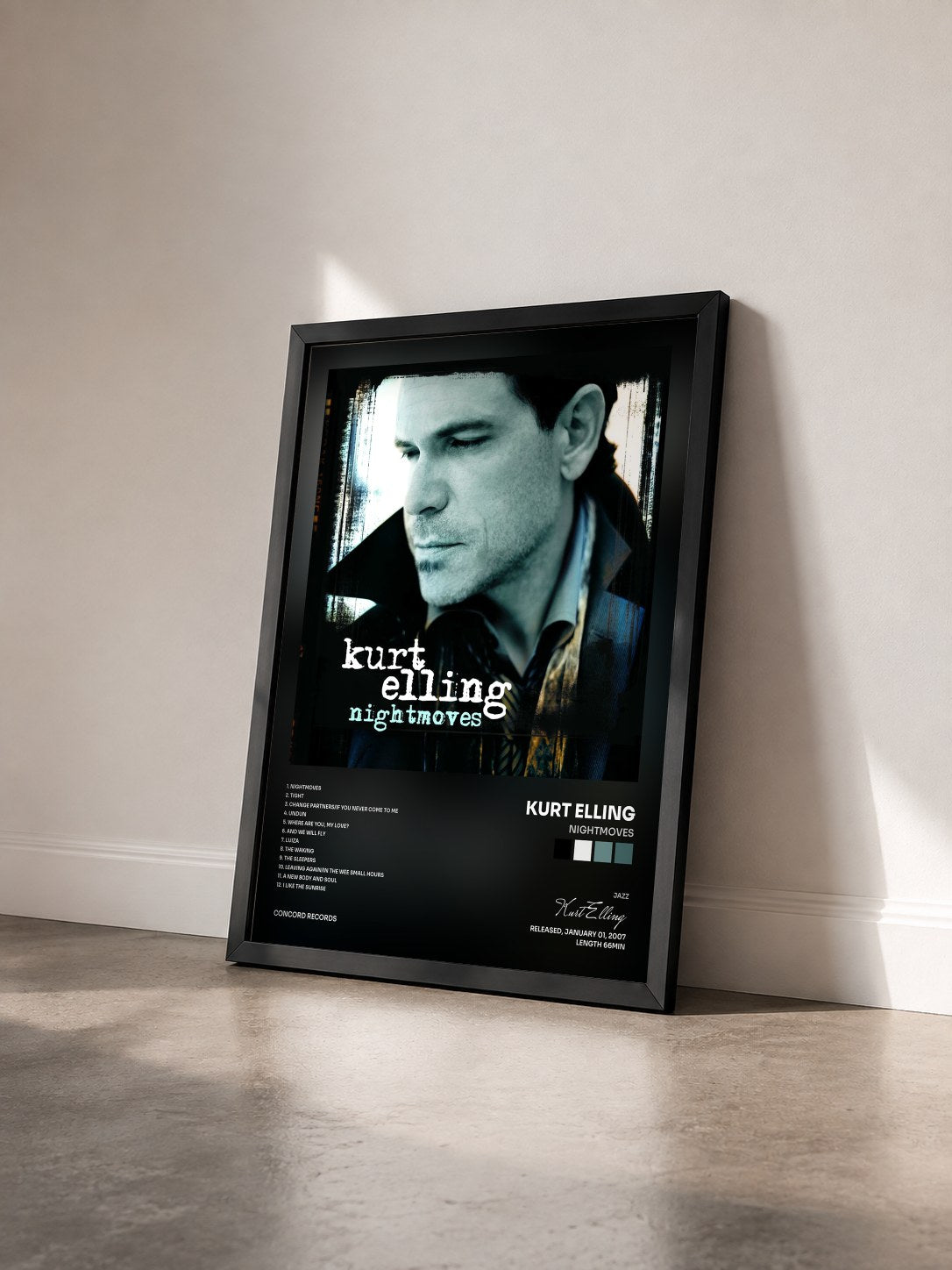 #noir Tableau de l'album Nightmoves de Kurt Elling vu de trois quarts, cadre noir