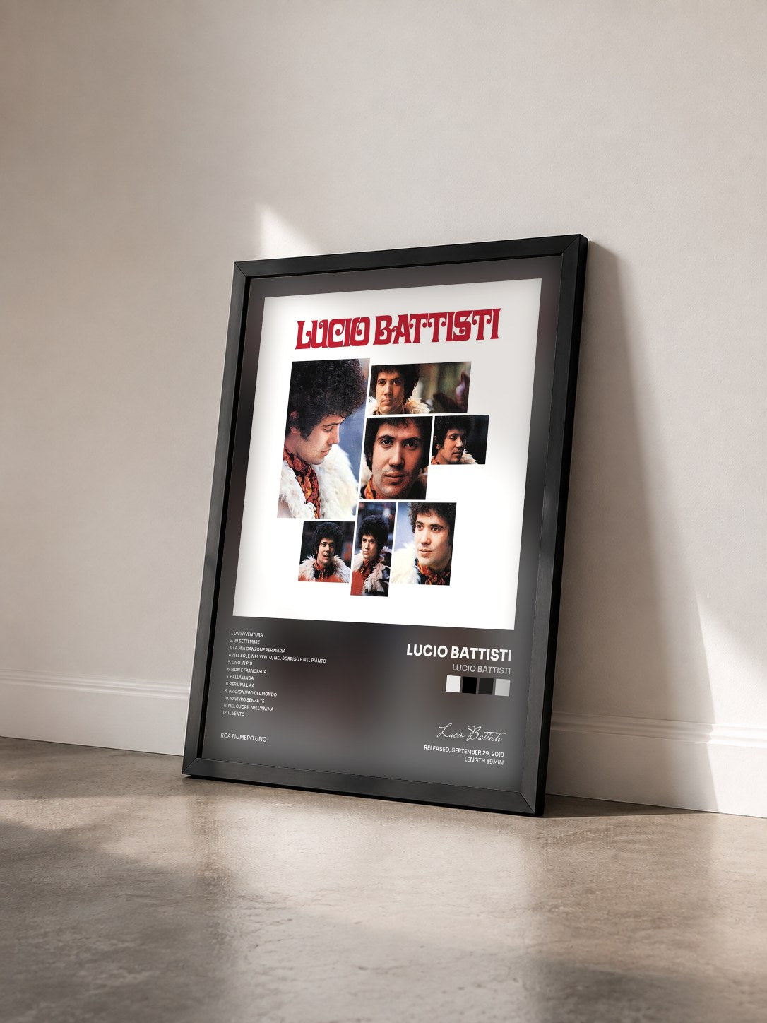 #noir Tableau de l'album Lucio Battisti de Lucio Battisti vu de trois quarts, cadre noir