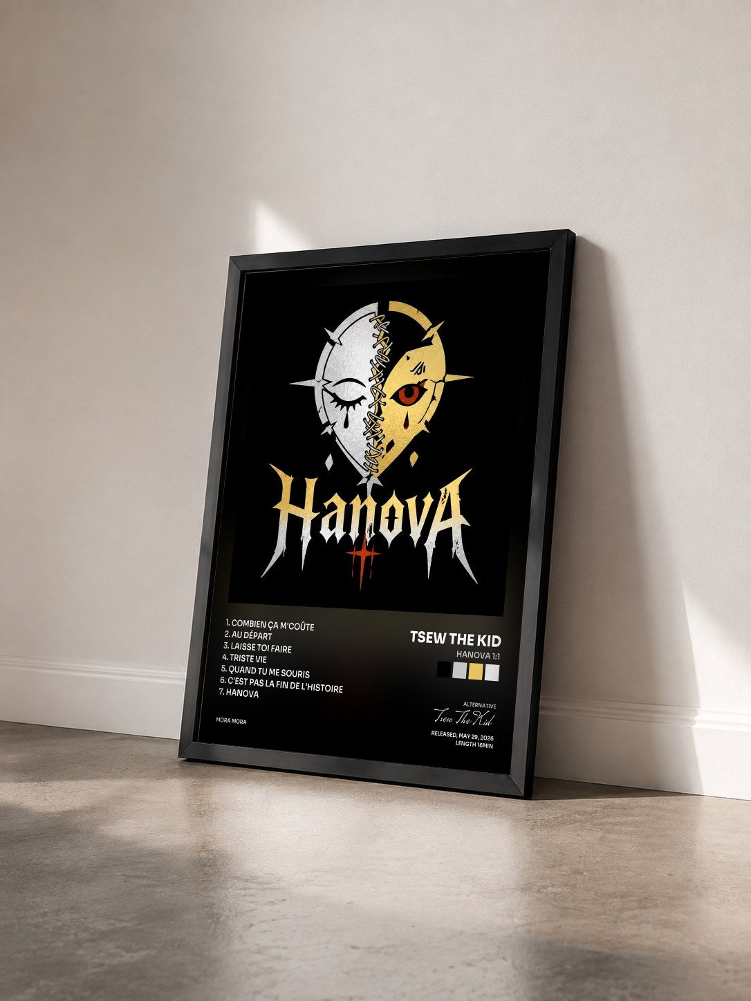 #noir Tableau de l'album HANOVA 1:1 de Tsew The Kid vu de trois quarts, cadre noir