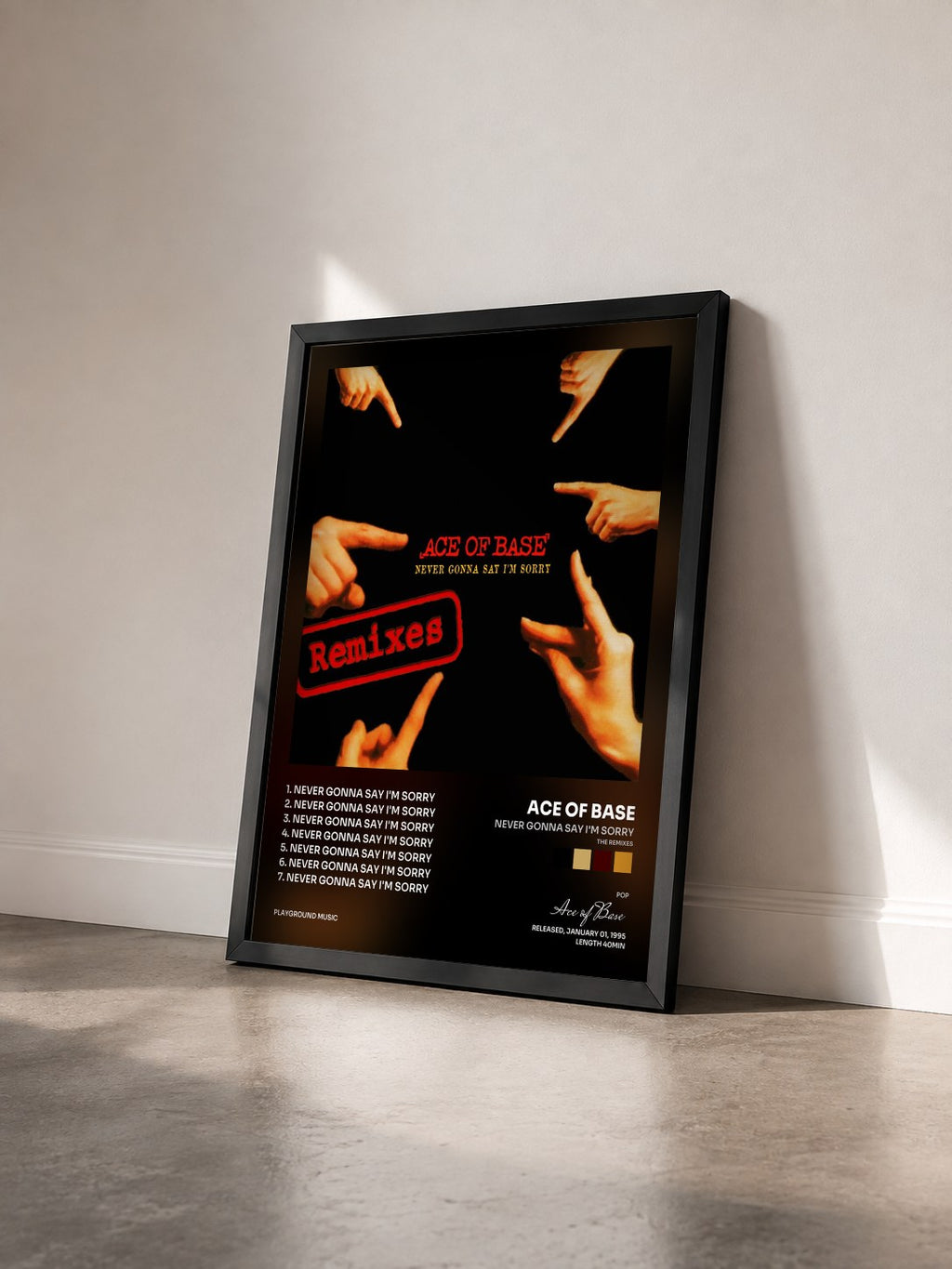 #noir Tableau de l'album Never Gonna Say I'm Sorry (The Remixes) de Ace of Base vu de trois quarts, cadre noir