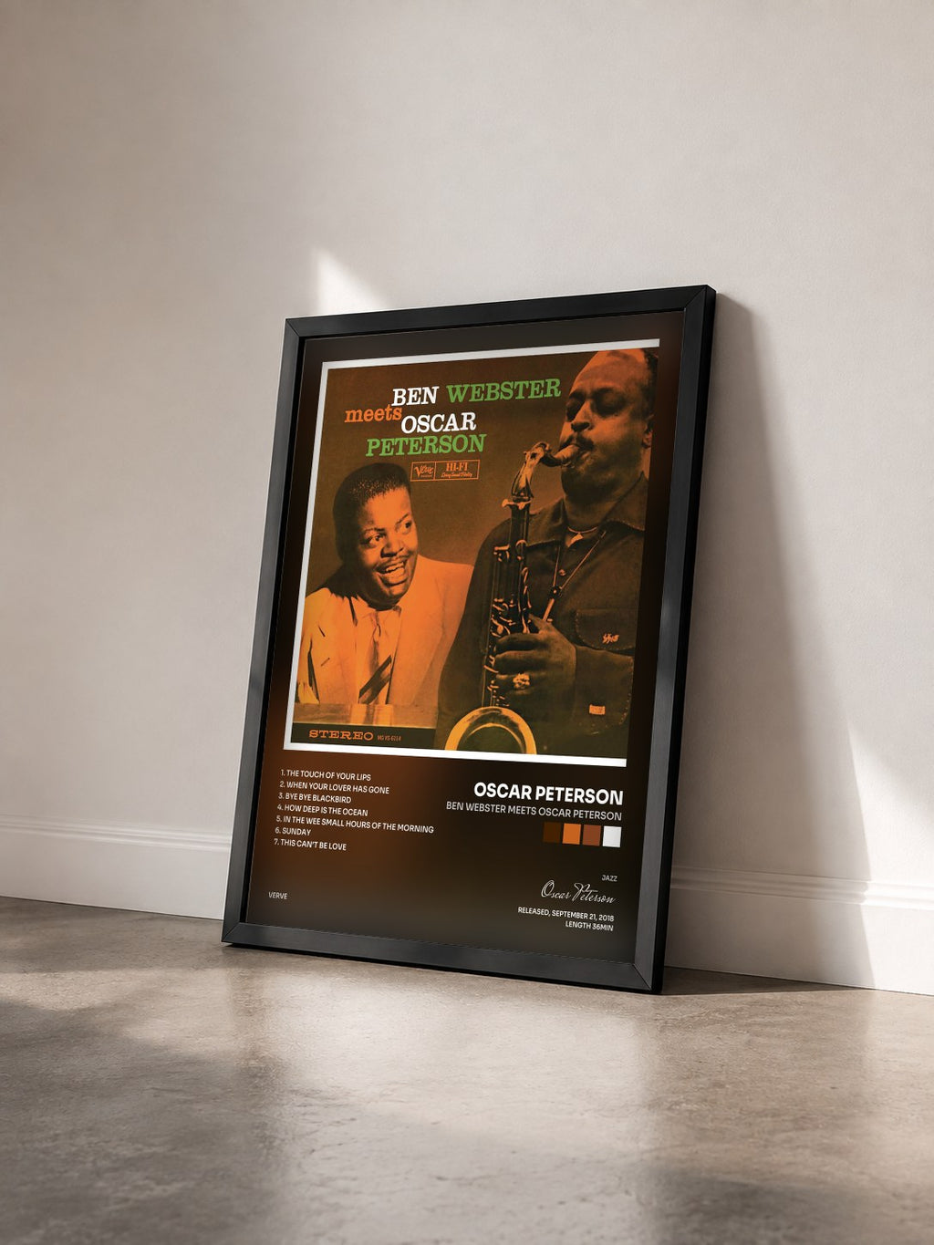 #noir Tableau de l'album Ben Webster Meets Oscar Peterson de Oscar Peterson vu de trois quarts, cadre noir