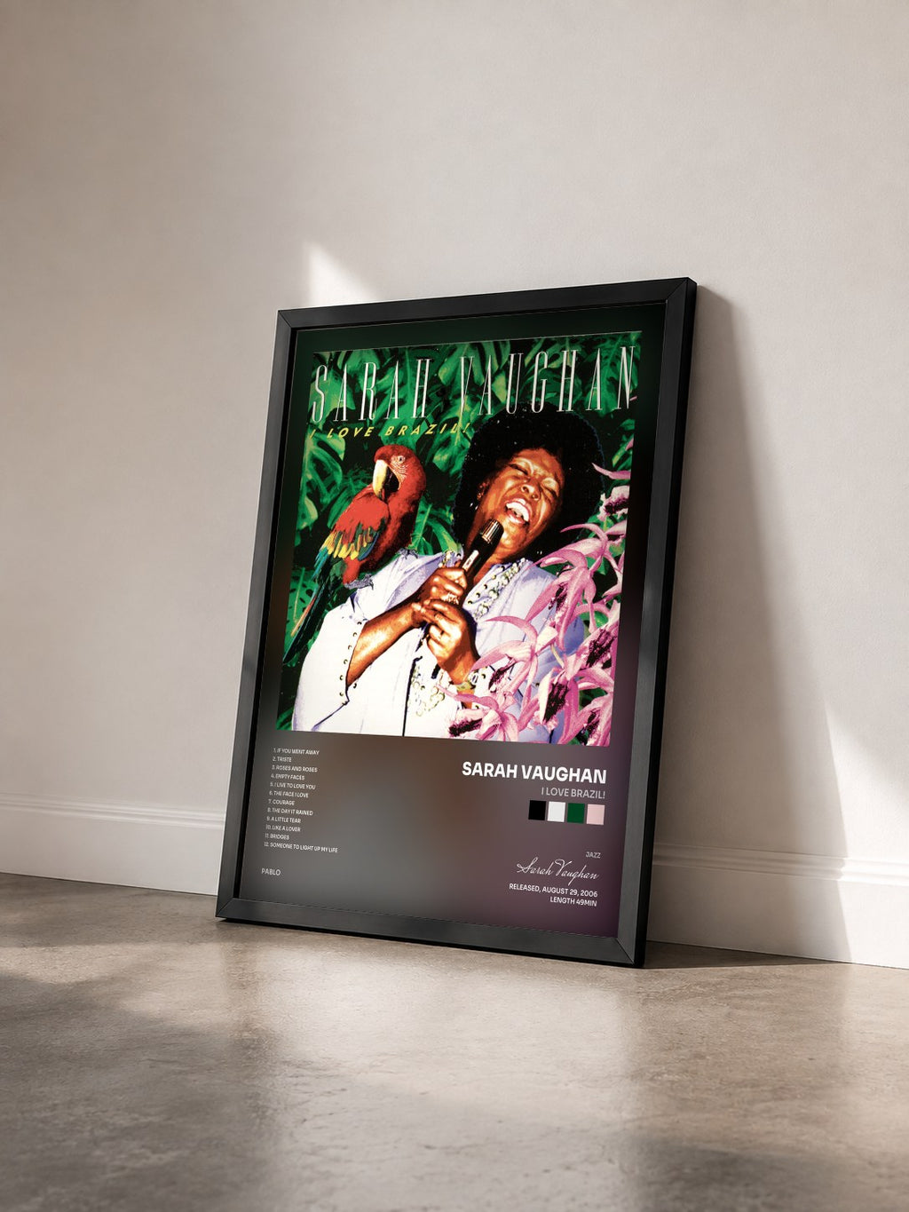#noir Tableau de l'album I Love Brazil! de Sarah Vaughan vu de trois quarts, cadre noir