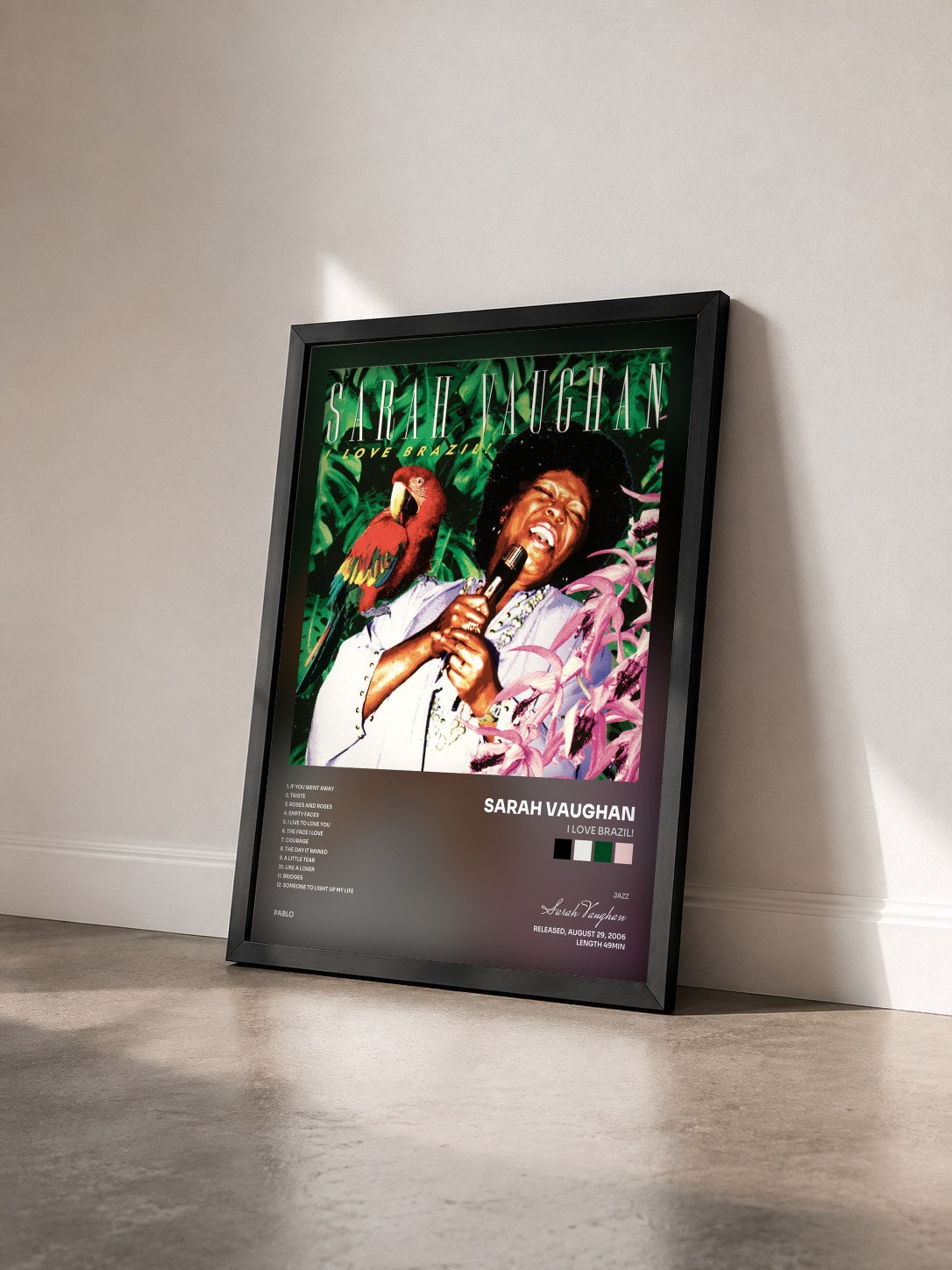 #noir Tableau de l'album I Love Brazil! de Sarah Vaughan vu de trois quarts, cadre noir