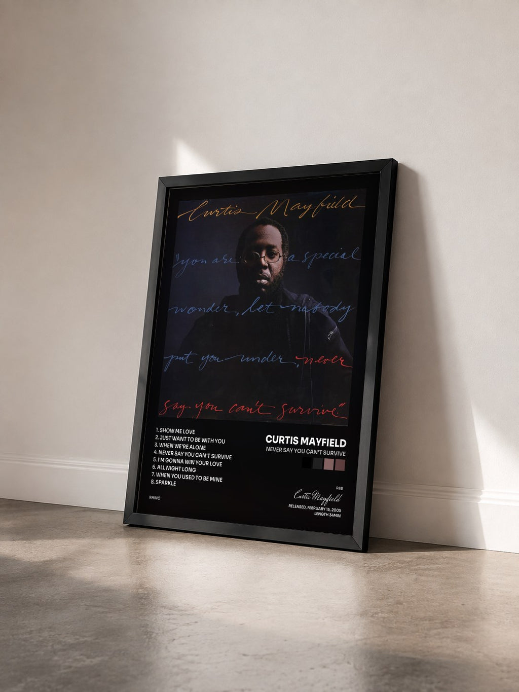 #noir Tableau de l'album Never Say You Can't Survive de Curtis Mayfield vu de trois quarts, cadre noir