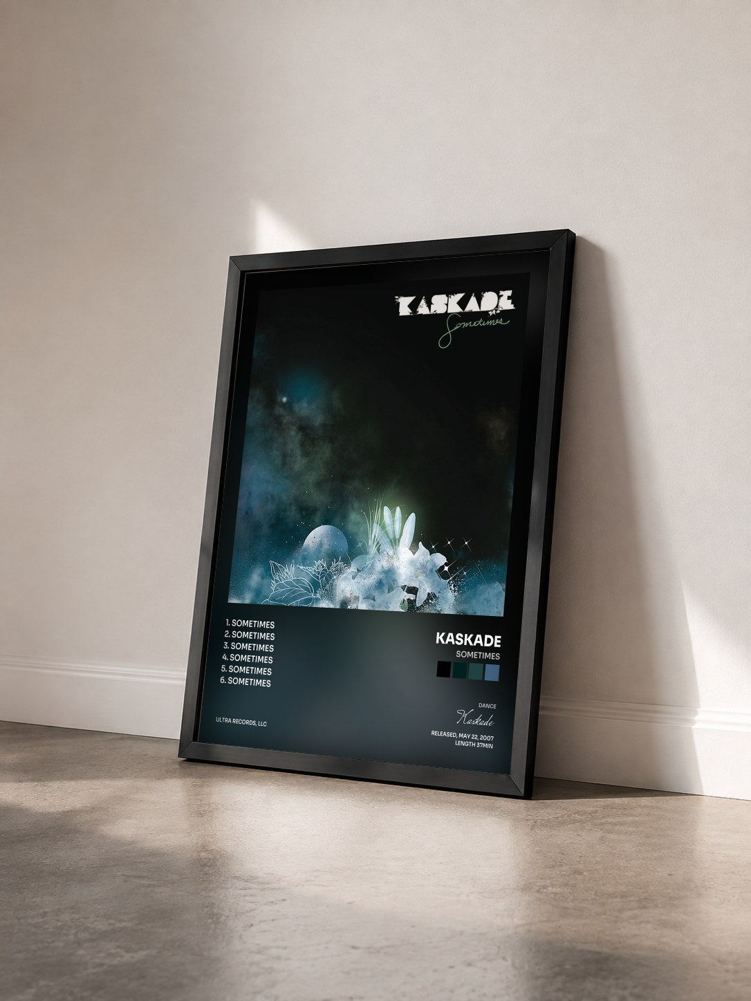 #noir Tableau de l'album Sometimes de Kaskade vu de trois quarts, cadre noir