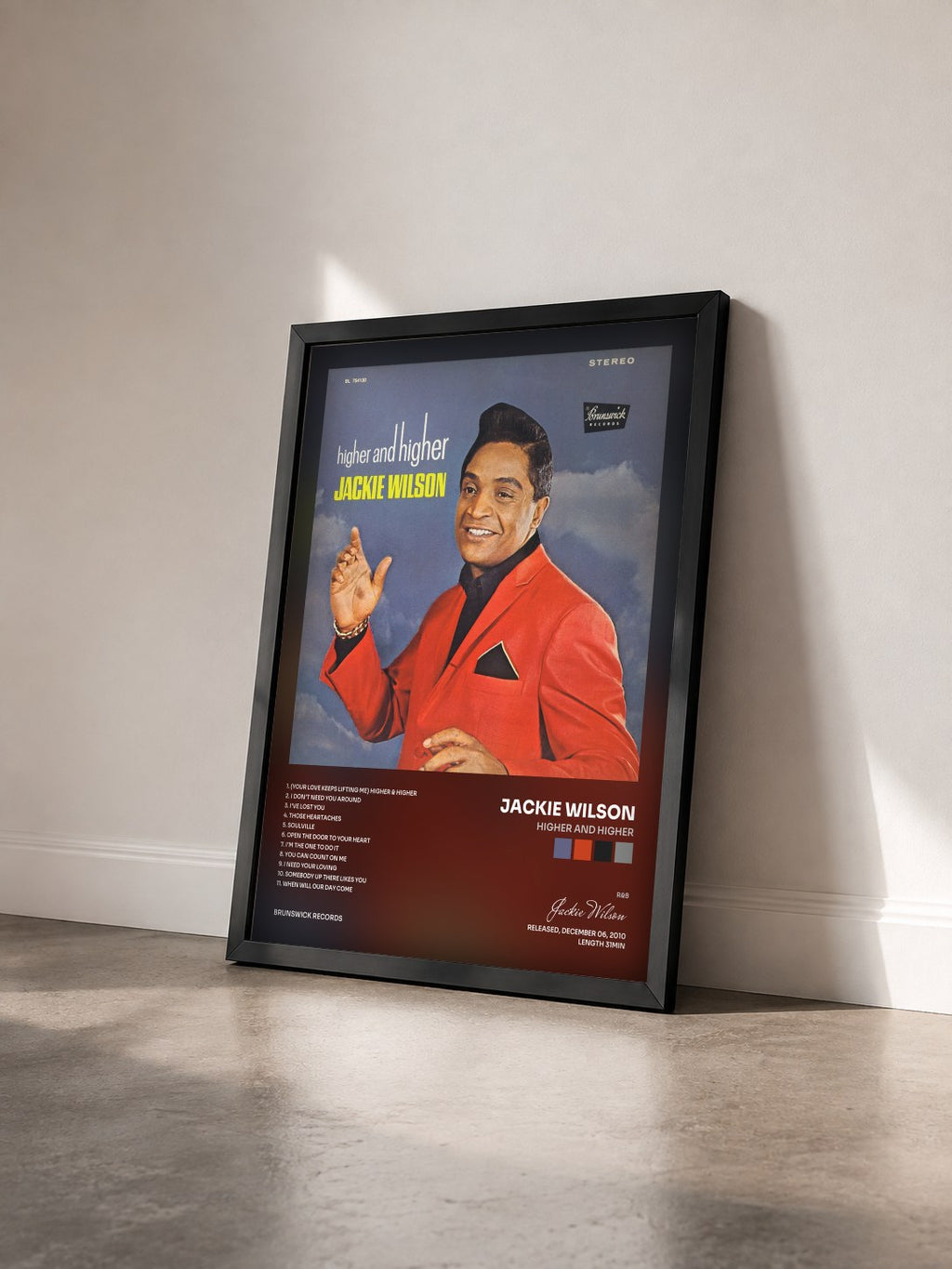#noir Tableau de l'album Higher And Higher de Jackie Wilson vu de trois quarts, cadre noir