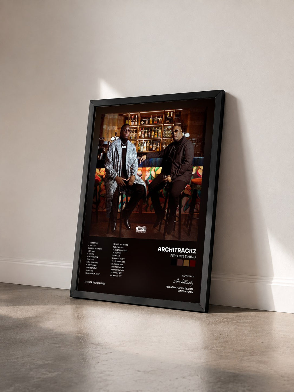 #noir Tableau de l'album Perfecte Timing de Architrackz vu de trois quarts, cadre noir