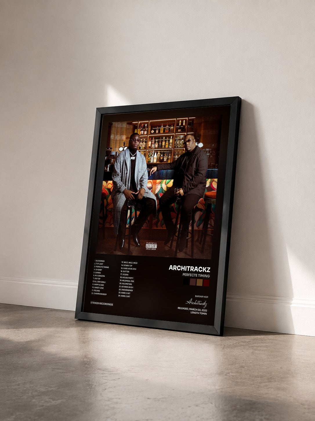 #noir Tableau de l'album Perfecte Timing de Architrackz vu de trois quarts, cadre noir