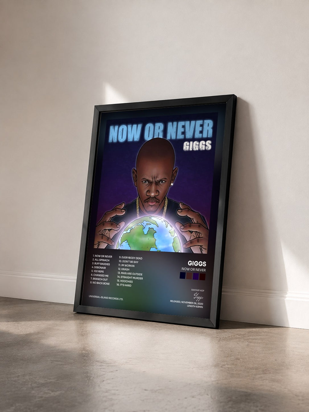 #noir Tableau de l'album Now Or Never de Giggs vu de trois quarts, cadre noir