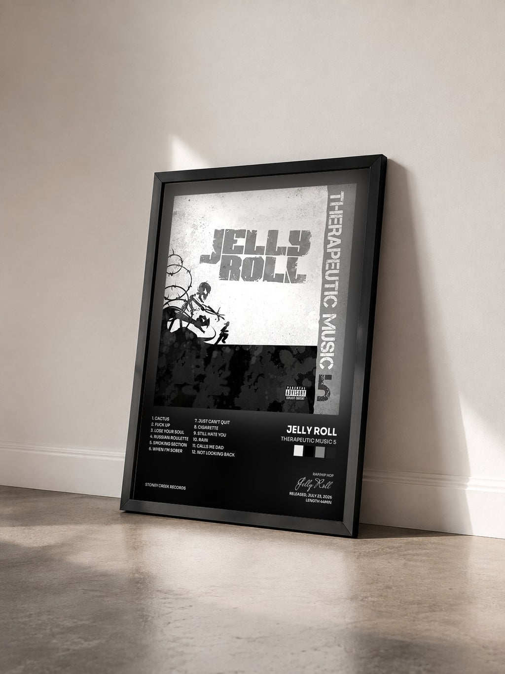 #noir Tableau de l'album Therapeutic Music 5 de Jelly Roll vu de trois quarts, cadre noir