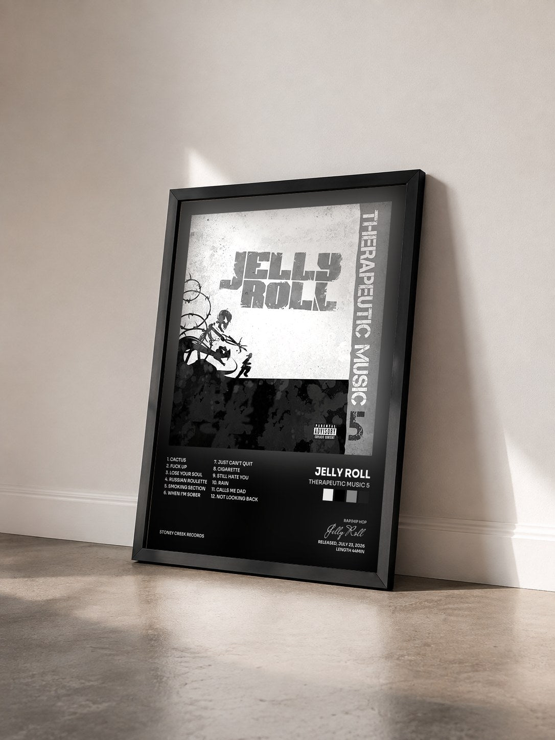 #noir Tableau de l'album Therapeutic Music 5 de Jelly Roll vu de trois quarts, cadre noir