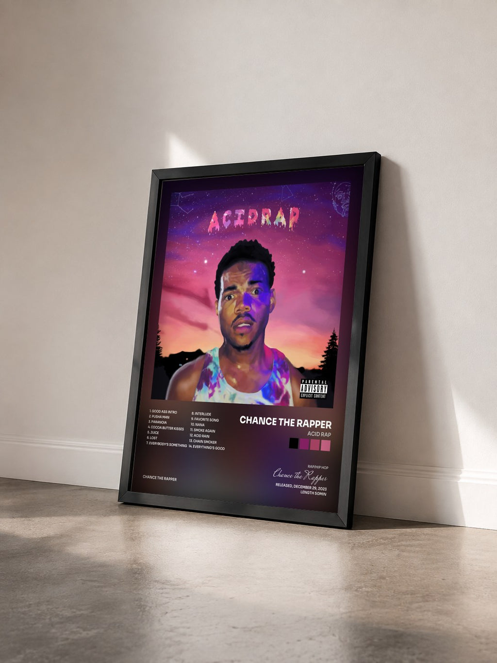 #noir Tableau de l'album Acid Rap de Chance the Rapper vu de trois quarts, cadre noir