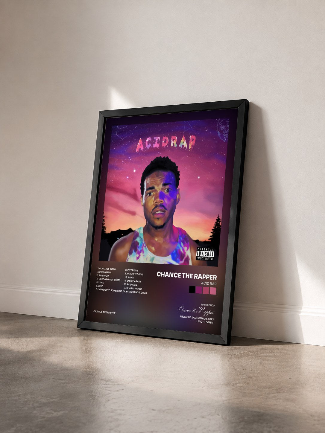 #noir Tableau de l'album Acid Rap de Chance the Rapper vu de trois quarts, cadre noir