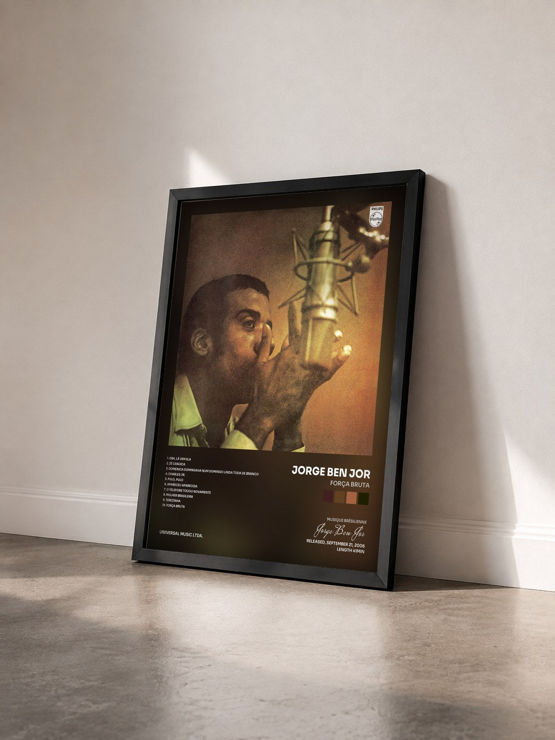 #noir Tableau de l'album Força Bruta de Jorge Ben Jor vu de trois quarts, cadre noir