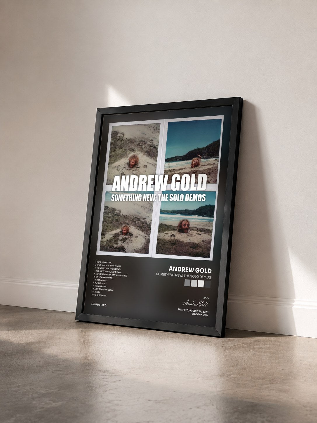 #noir Tableau de l'album Something New: The Solo Demos de Andrew Gold vu de trois quarts, cadre noir