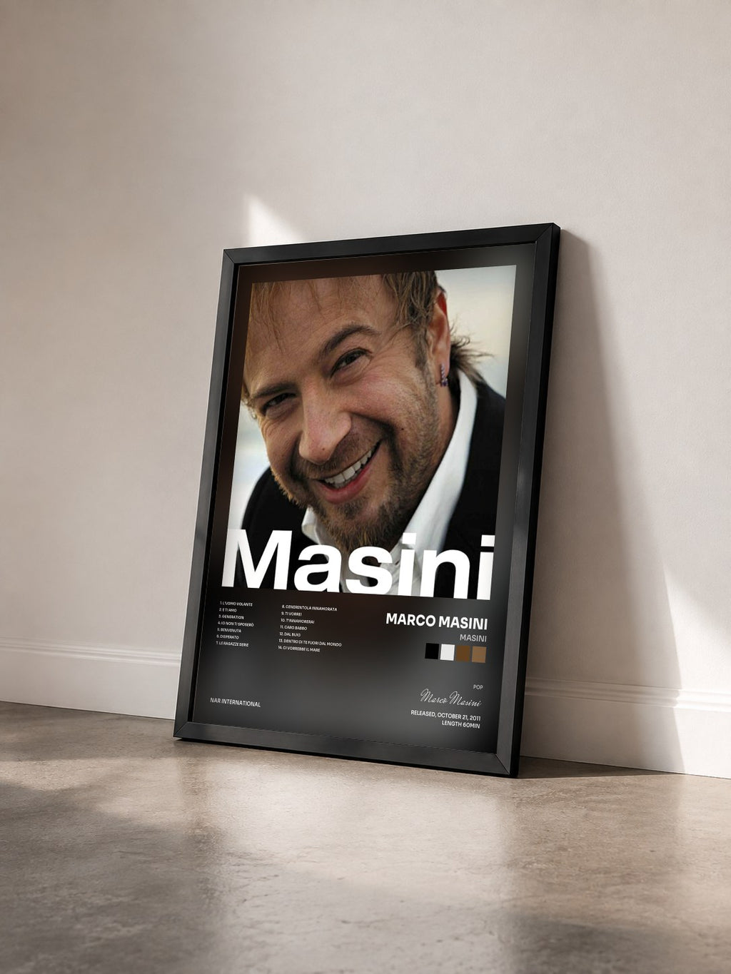 #noir Tableau de l'album Masini de Marco Masini vu de trois quarts, cadre noir