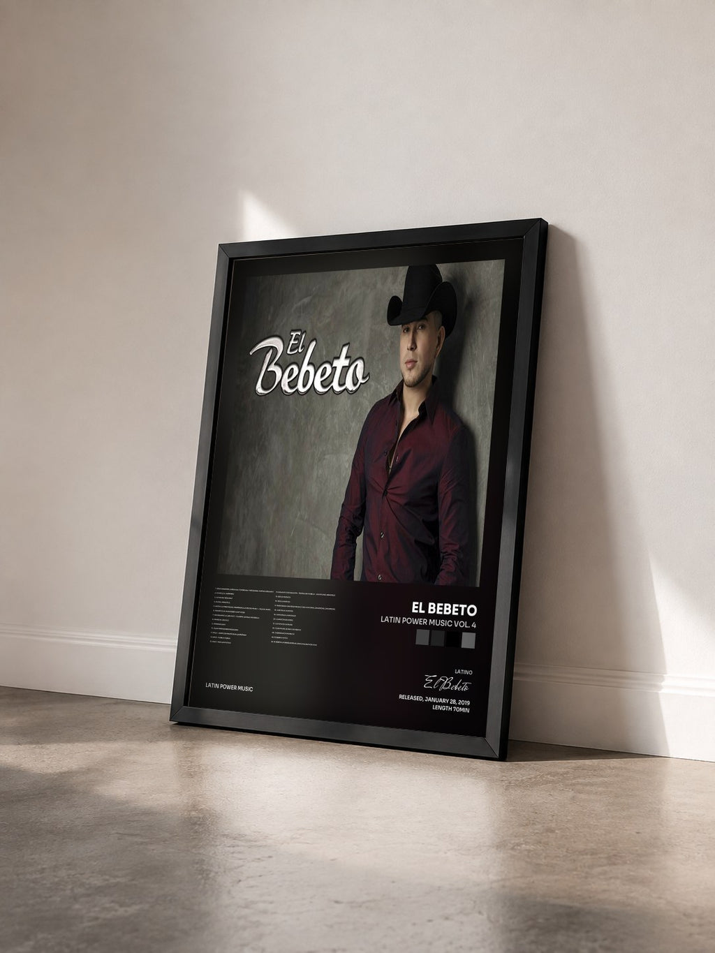 #noir Tableau de l'album Latin Power Music Vol. 4 de El Bebeto vu de trois quarts, cadre noir