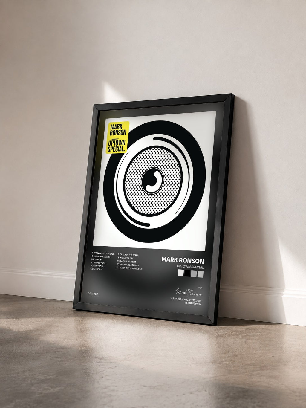 #noir Tableau de l'album Uptown Special de Mark Ronson vu de trois quarts, cadre noir