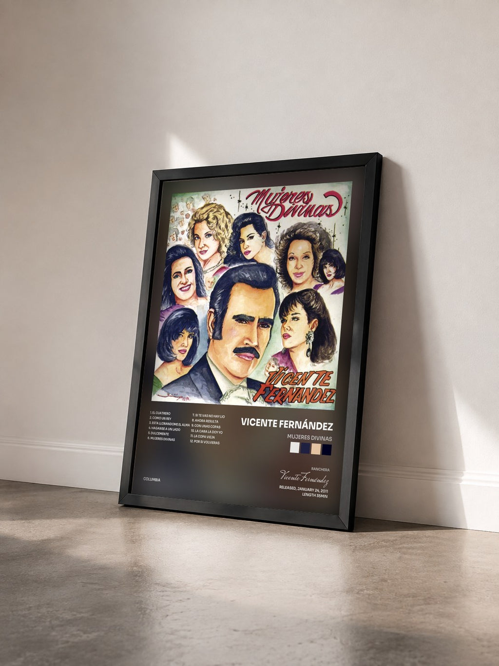 #noir Tableau de l'album Mujeres Divinas de Vicente Fernández vu de trois quarts, cadre noir