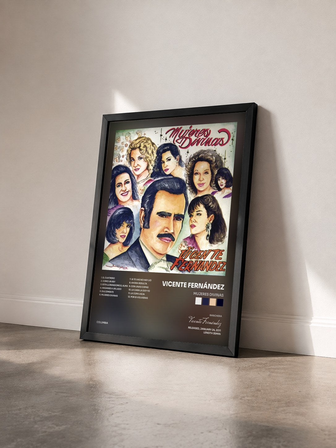 #noir Tableau de l'album Mujeres Divinas de Vicente Fernández vu de trois quarts, cadre noir