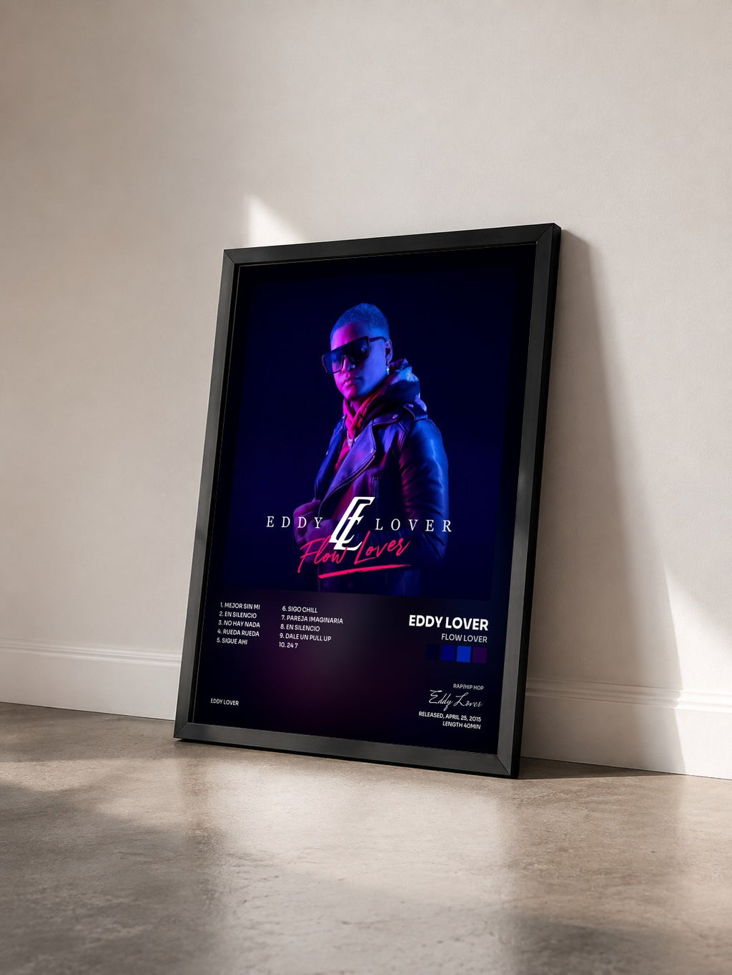 #noir Tableau de l'album Flow Lover de Eddy Lover vu de trois quarts, cadre noir