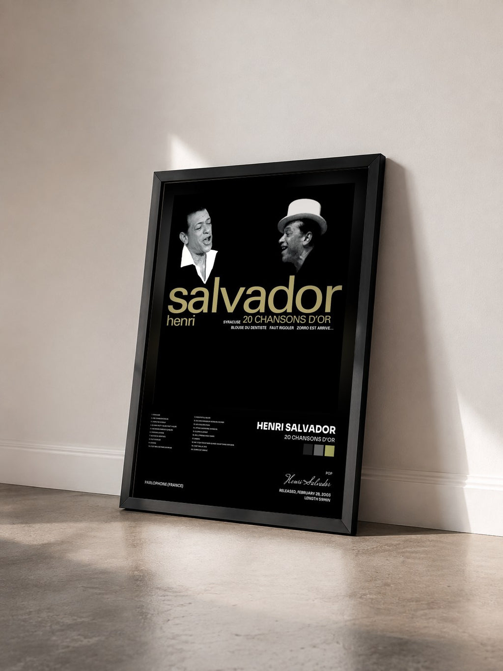 #noir Tableau de l'album 20 chansons d'or de Henri Salvador vu de trois quarts, cadre noir