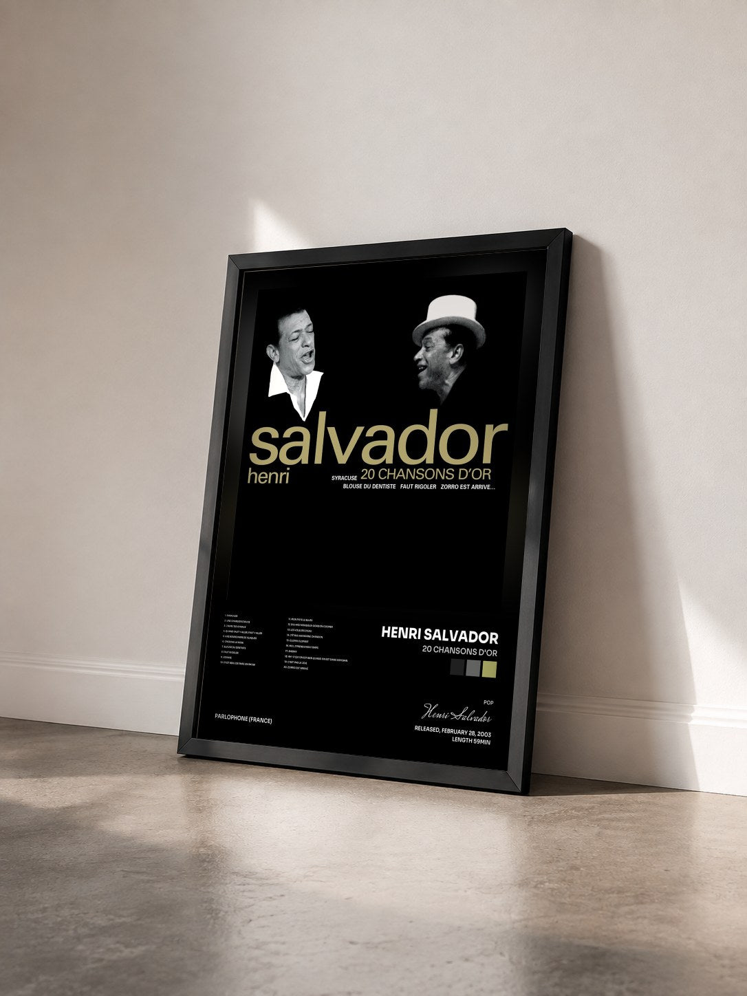 #noir Tableau de l'album 20 chansons d'or de Henri Salvador vu de trois quarts, cadre noir