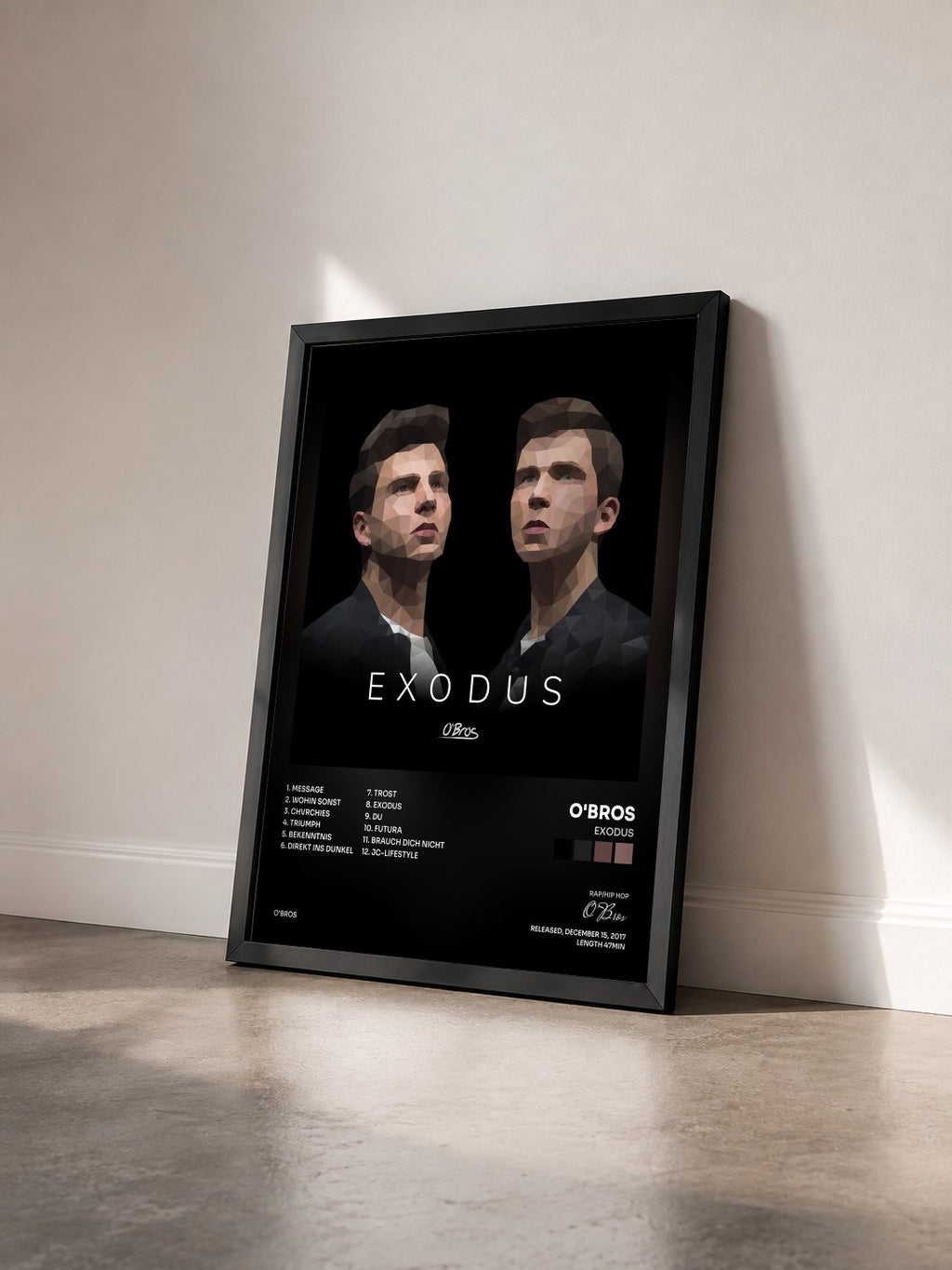 #noir Tableau de l'album Exodus de O'Bros vu de trois quarts, cadre noir