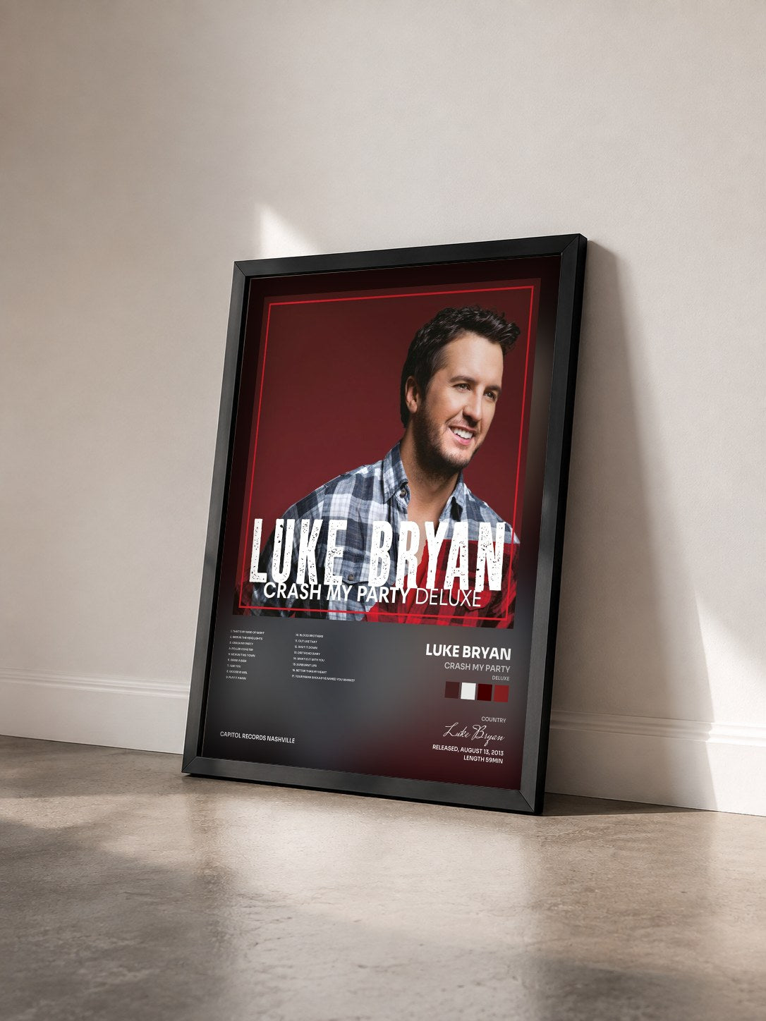 #noir Tableau de l'album Crash My Party (Deluxe) de Luke Bryan vu de trois quarts, cadre noir