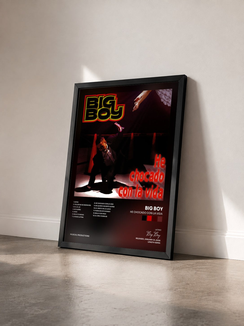 #noir Tableau de l'album He Chocado Con La Vida de Big Boy vu de trois quarts, cadre noir