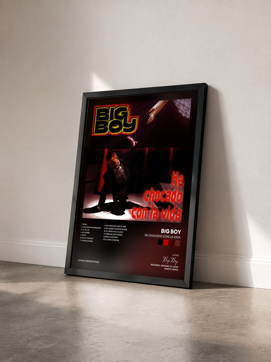 #noir Tableau de l'album He Chocado Con La Vida de Big Boy vu de trois quarts, cadre noir