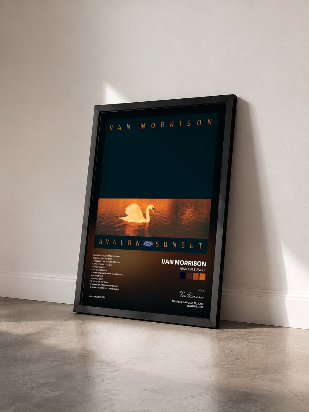 #noir Tableau de l'album Avalon Sunset de Van Morrison vu de trois quarts, cadre noir