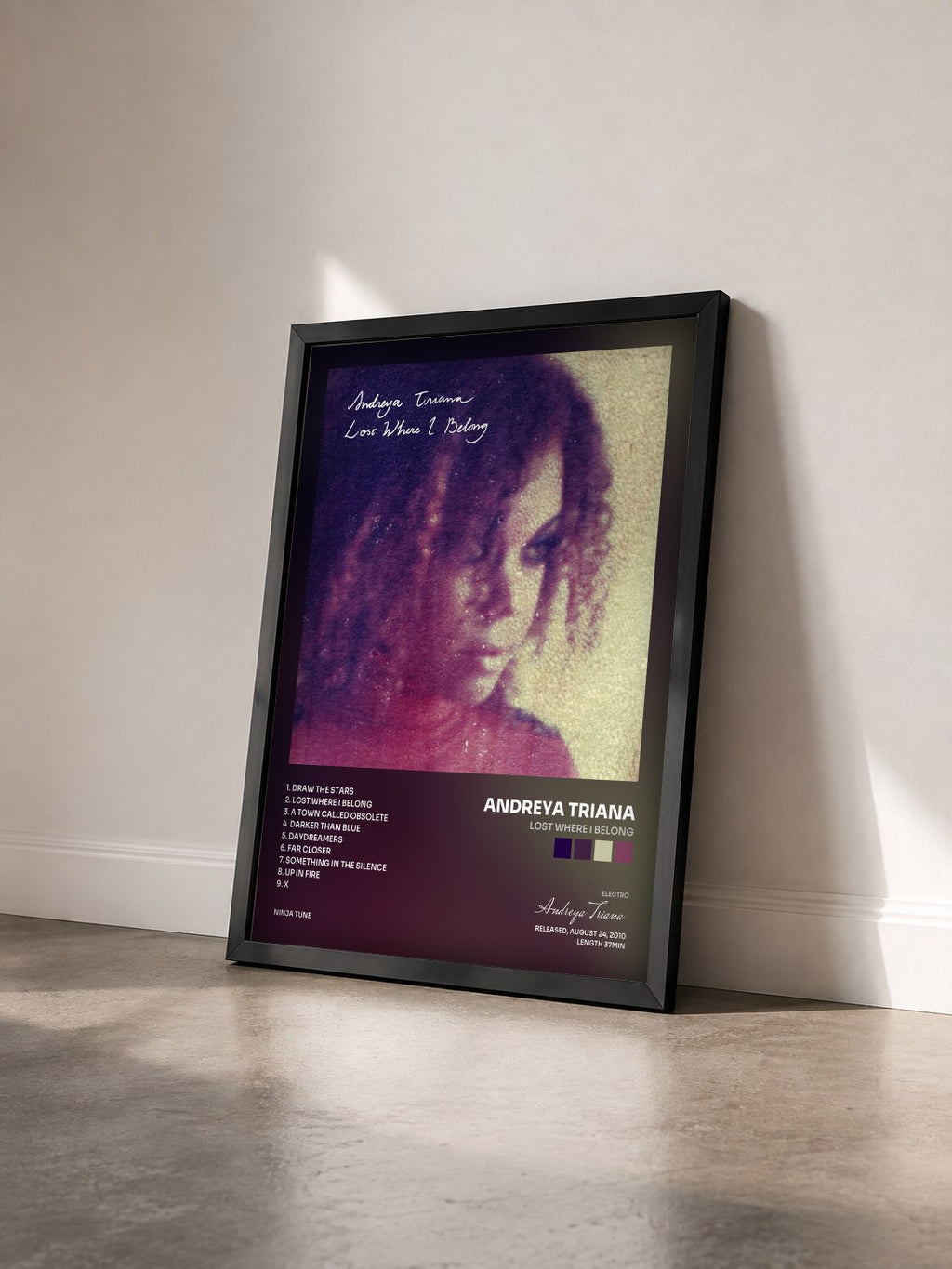 #noir Tableau de l'album Lost Where I Belong de Andreya Triana vu de trois quarts, cadre noir