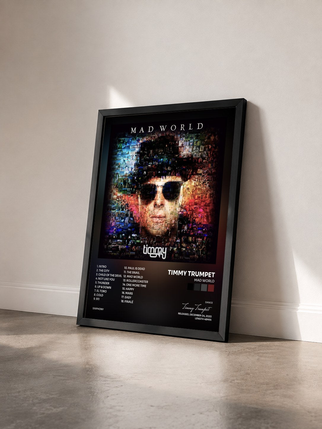 #noir Tableau de l'album Mad World de Timmy Trumpet vu de trois quarts, cadre noir
