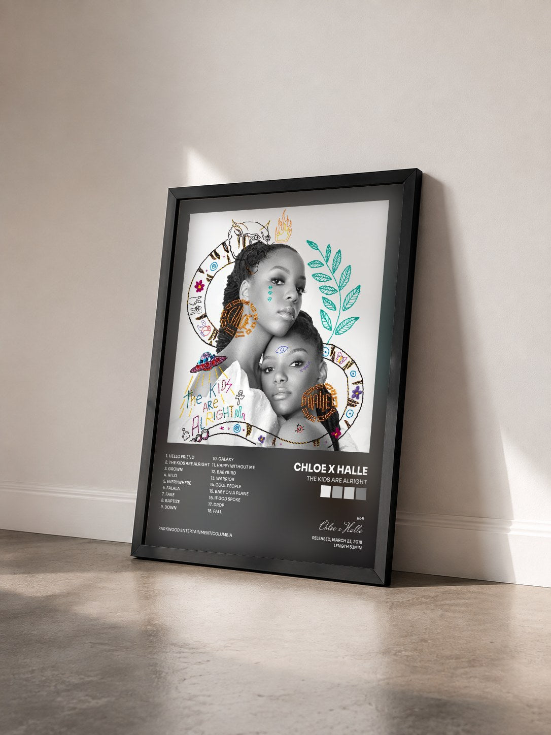 #noir Tableau de l'album The Kids Are Alright de Chloe x Halle vu de trois quarts, cadre noir