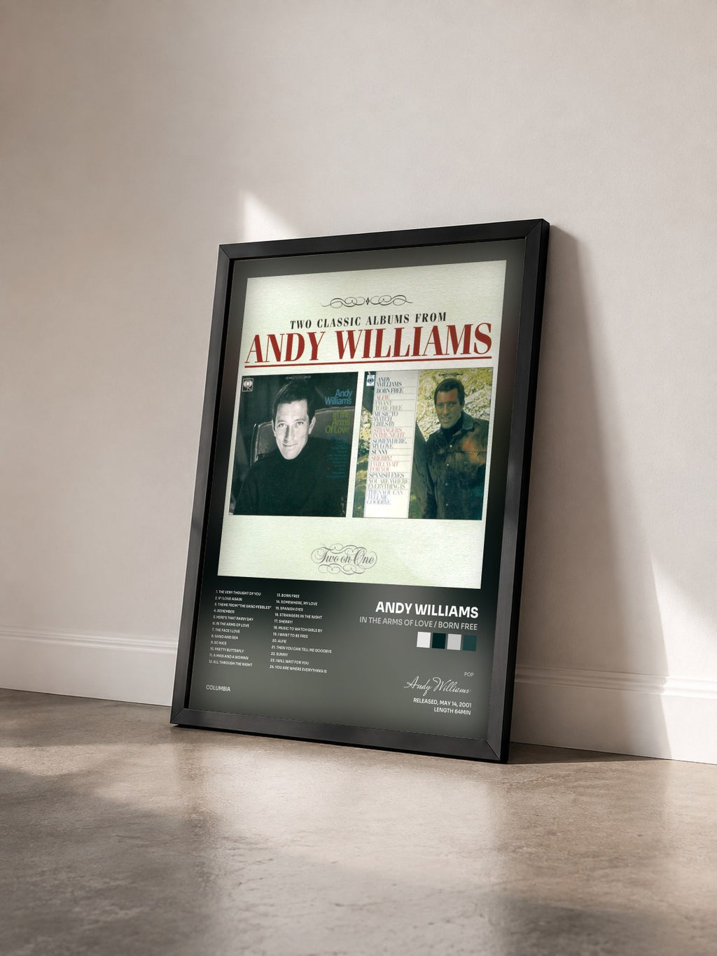 #noir Tableau de l'album In The Arms Of Love / Born Free de Andy Williams vu de trois quarts, cadre noir
