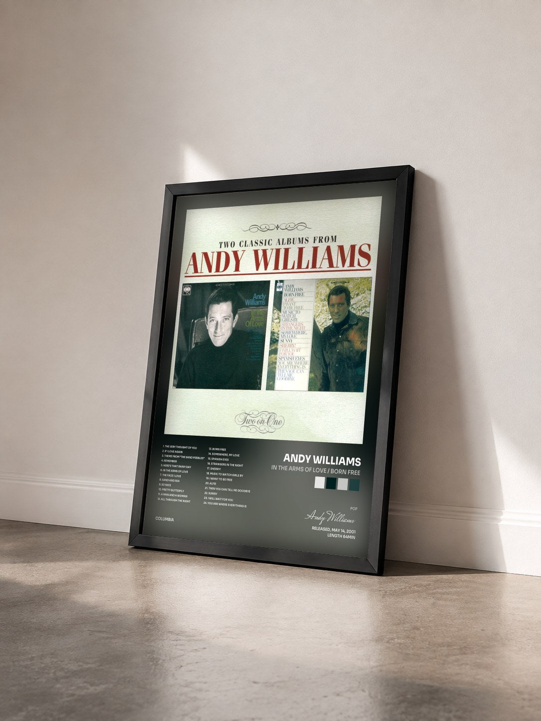 #noir Tableau de l'album In The Arms Of Love / Born Free de Andy Williams vu de trois quarts, cadre noir