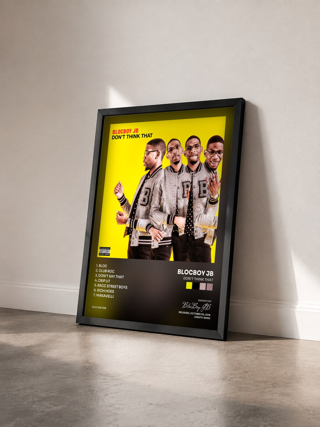 #noir Tableau de l'album Don't Think That de BlocBoy JB vu de trois quarts, cadre noir