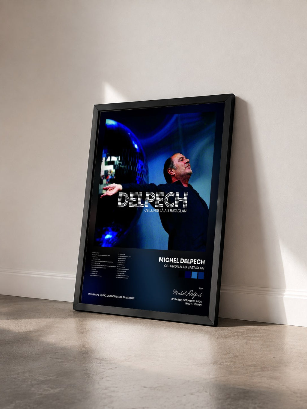 #noir Tableau de l'album Ce Lundi Là Au Bataclan de Michel Delpech vu de trois quarts, cadre noir