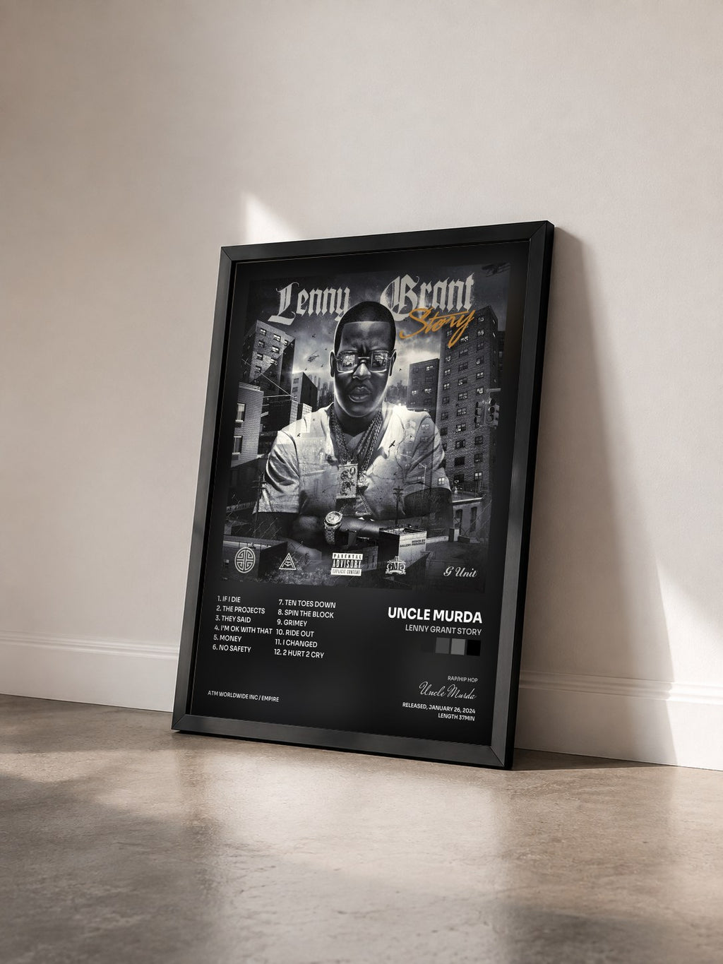 #noir Tableau de l'album Lenny Grant Story de Uncle Murda vu de trois quarts, cadre noir