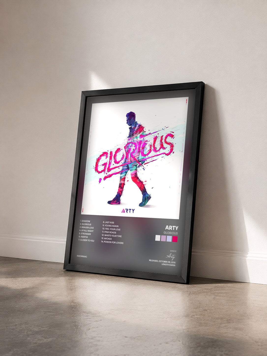 #noir Tableau de l'album Glorious de Arty vu de trois quarts, cadre noir