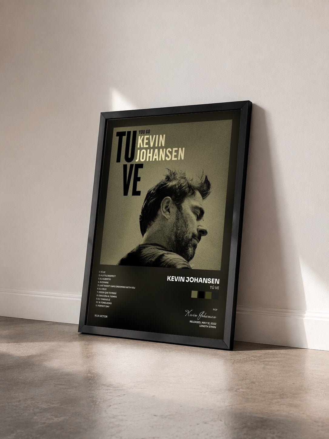 #noir Tableau de l'album Tú Ve de Kevin Johansen vu de trois quarts, cadre noir