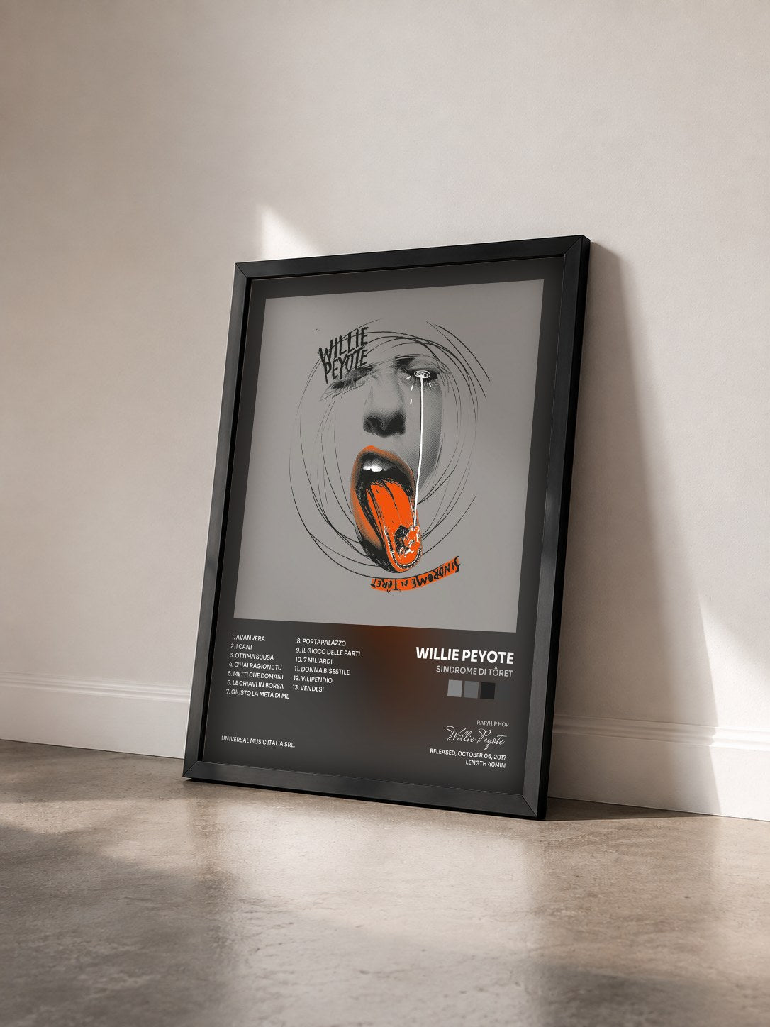 #noir Tableau de l'album Sindrome di Tôret de Willie Peyote vu de trois quarts, cadre noir