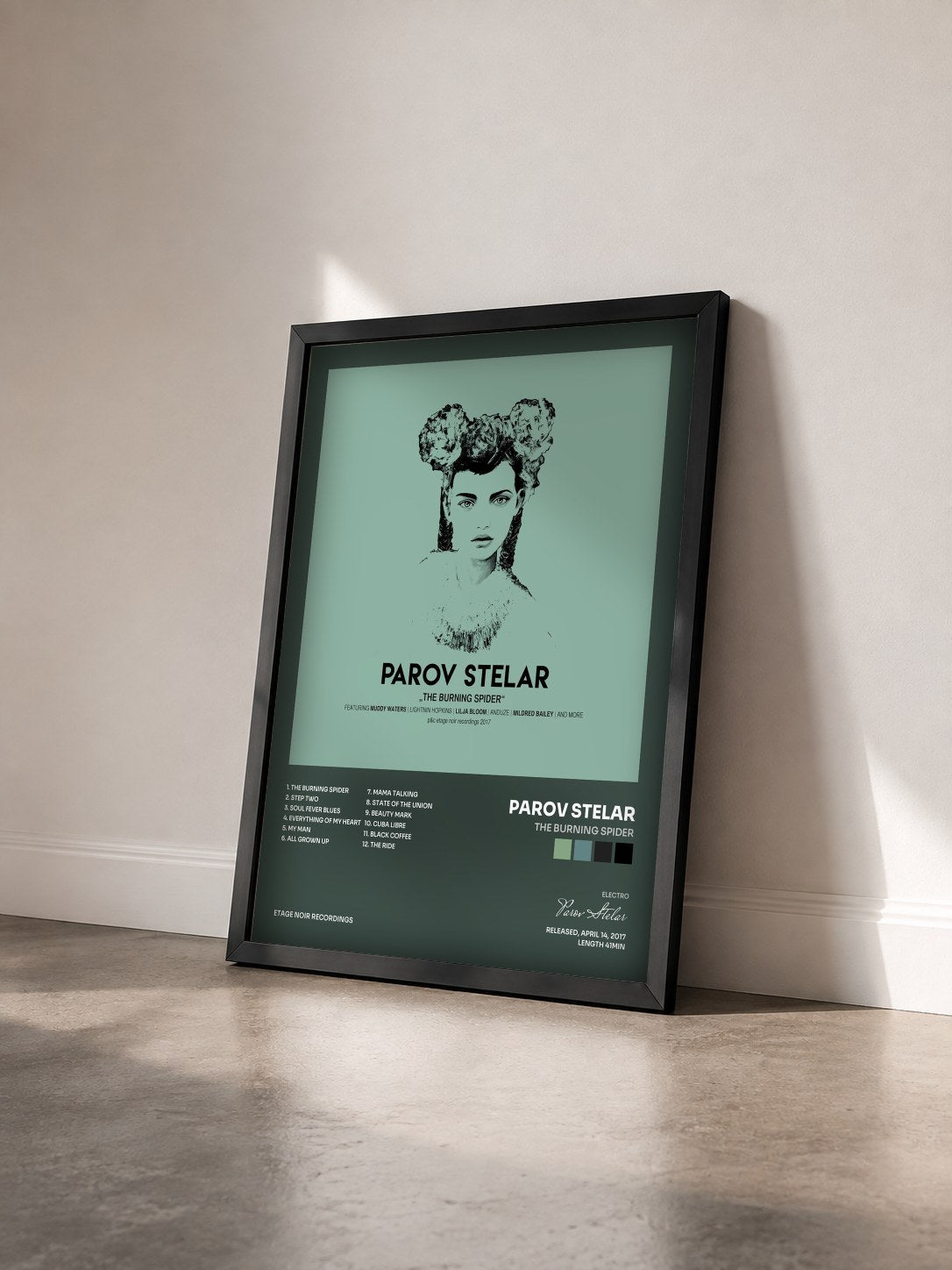 #noir Tableau de l'album The Burning Spider de Parov Stelar vu de trois quarts, cadre noir