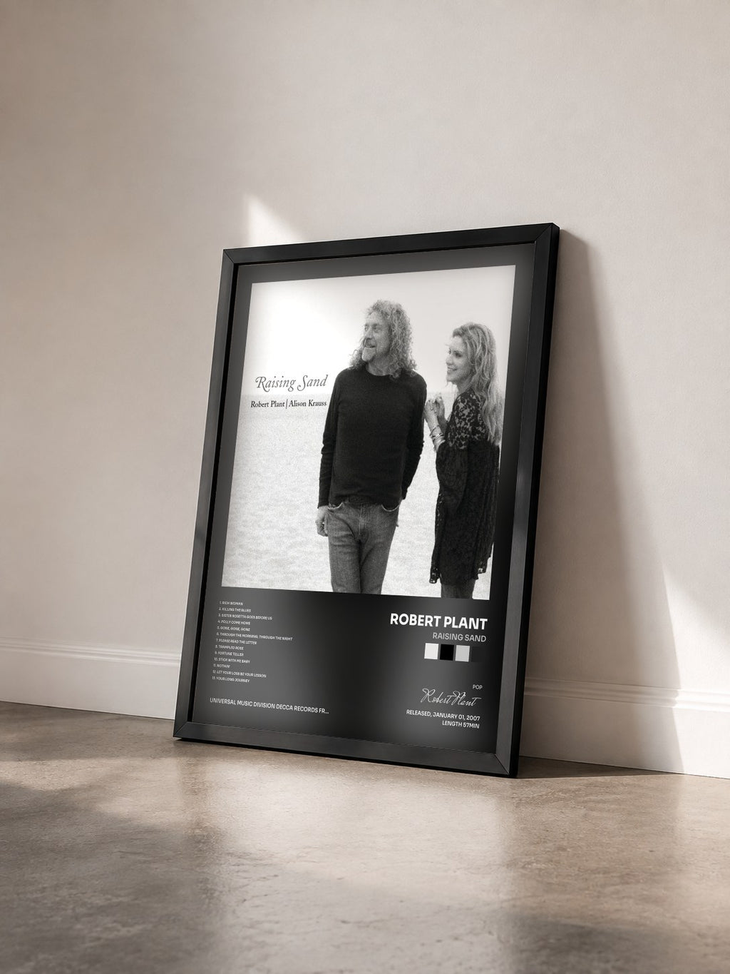 #noir Tableau de l'album Raising Sand de Robert Plant vu de trois quarts, cadre noir