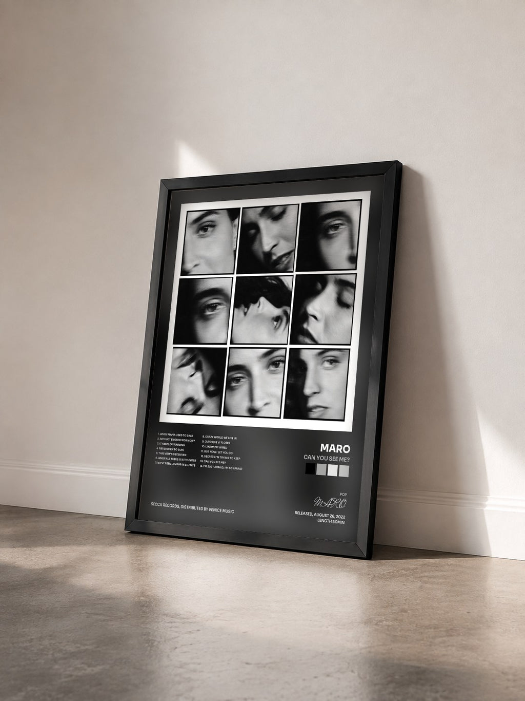 #noir Tableau de l'album can you see me? de MARO vu de trois quarts, cadre noir